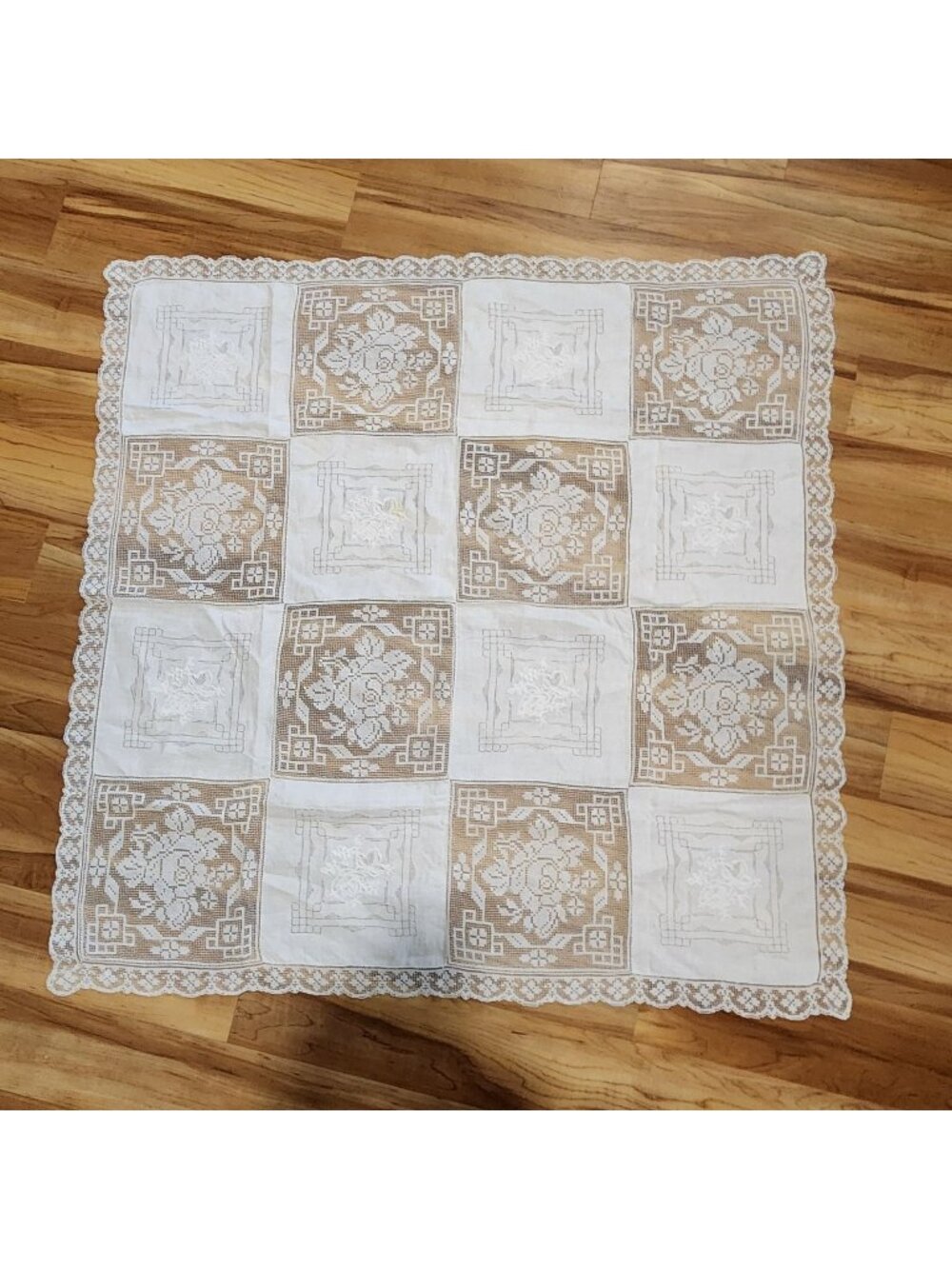Vintage Square Linen Tablecloth With Intricate Embroidered Floral Pattern & Croc